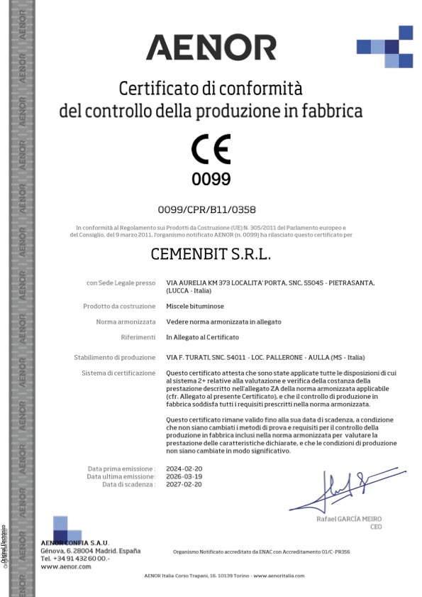 Certificato Conformità CE Miscele bituminose - PALLERONE